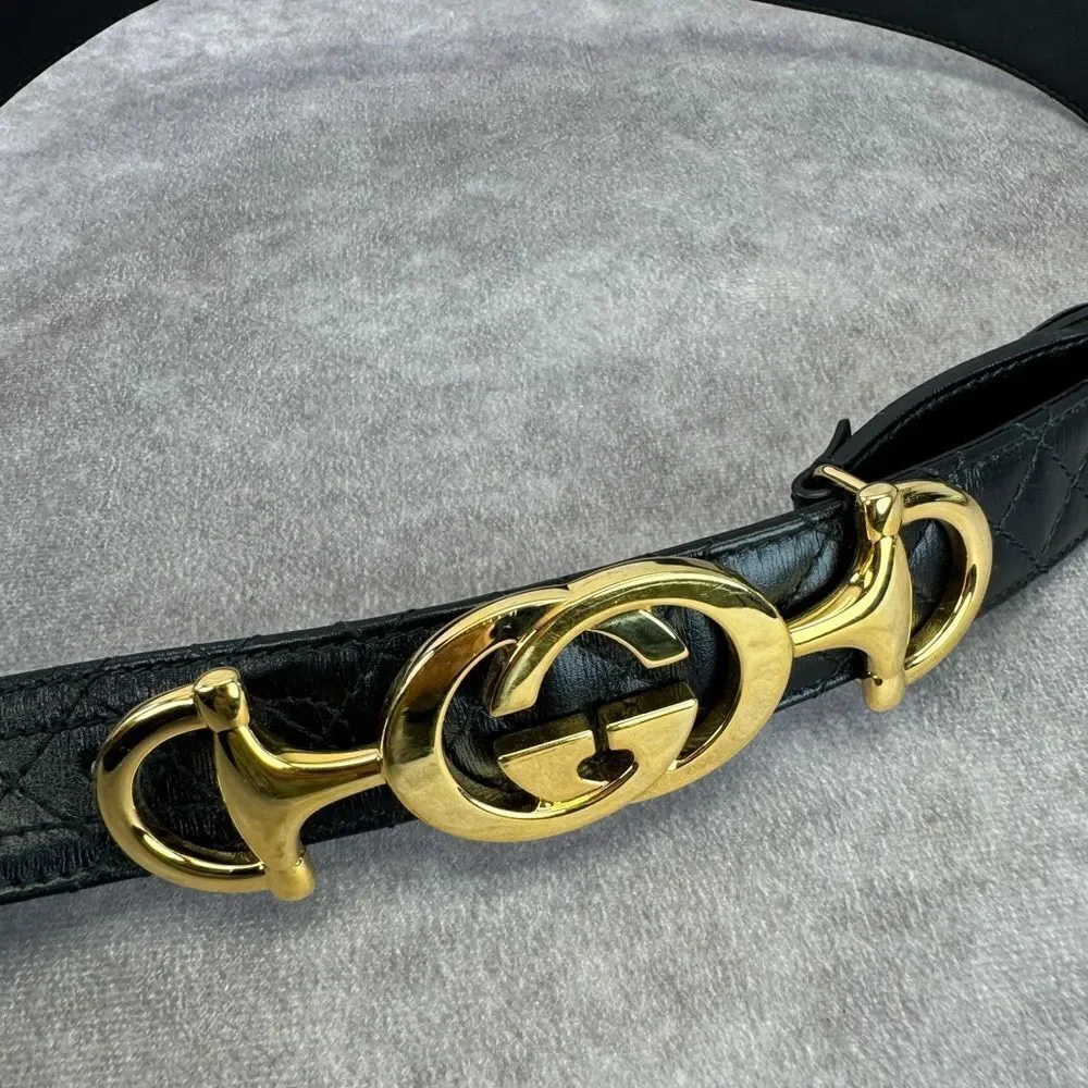 Gucci Zumi Black Leather Quilted Belt with Gold Buckle 550122 90/36 - Picture 5 of 10